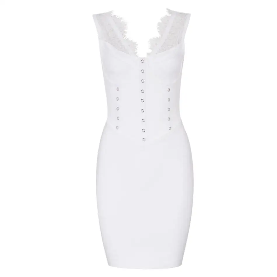 Newest Celebrity Evening Party Bodycon Bandage Dress Women White Sleeveless V-Neck Sexy Nightclub Lace Vestidos | Женская одежда