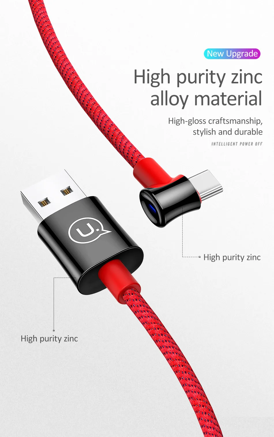 USAMS Automatic power-off Type C Cable 90 Degree Fast Charging usb c cable Type-c data Cord Charger usb-c for Samsung Xiaomi AF