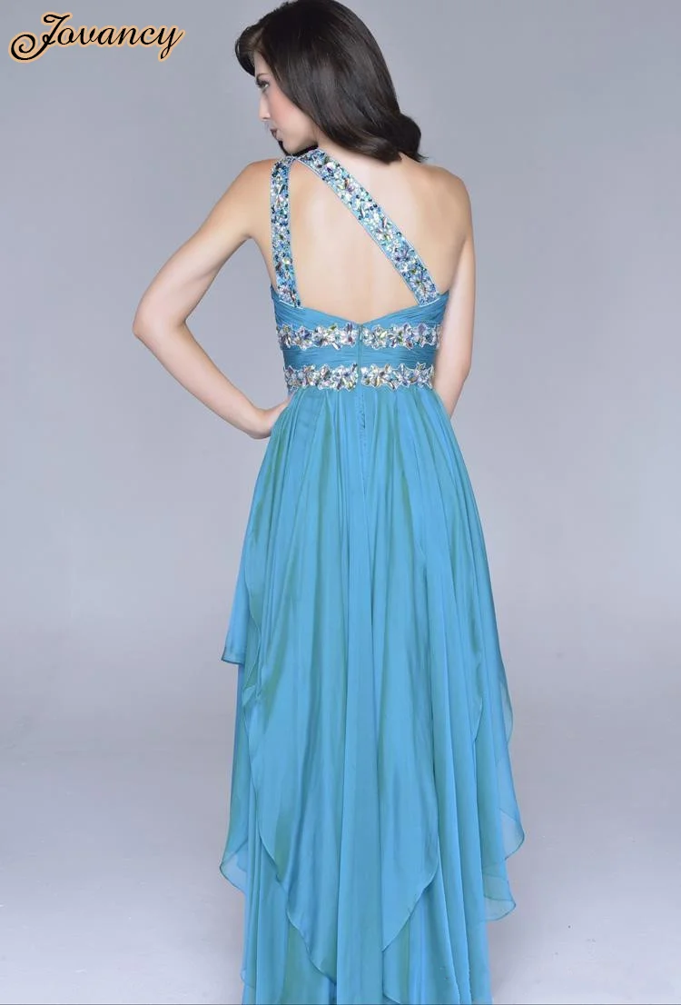 Элегантный Синий Кристалл Одно Плечо Вечернее Платье Асимметричные Платья