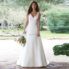 Платье свадебное атласное ТРАПЕЦИЕВИДНОЕ с V-образным вырезом, кружевными пуговицами, на спине, Формальное, со шлейфом, с аппликацией