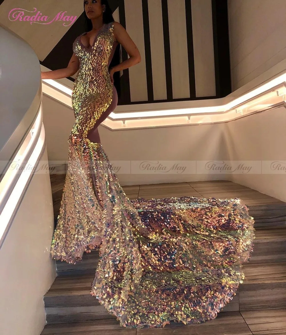 Блестящие пайетки V-образный вырез Русалка платья для выпускного вечера черных