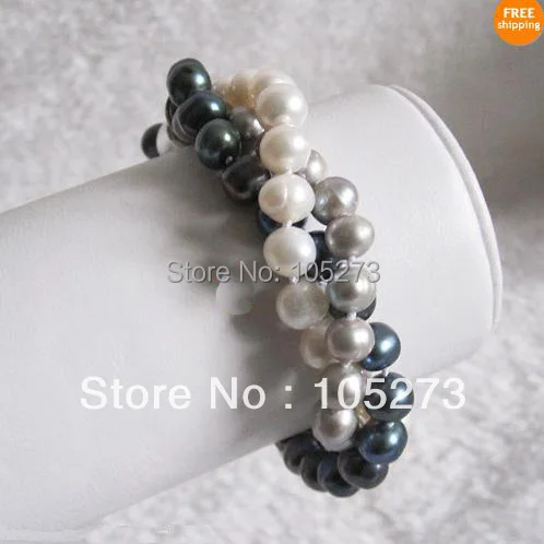 

Lovely Pearl Jewelry 8inch 3Rows AA7-8MM Multi Color Off-Round Natural Freshwater Pearl Bracelet Women's Style New Free Shipping