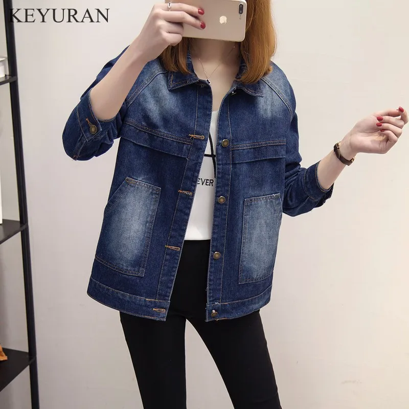 Женская джинсовая куртка размера плюс XXXL 4XL 5XL с карманами длинным рукавом