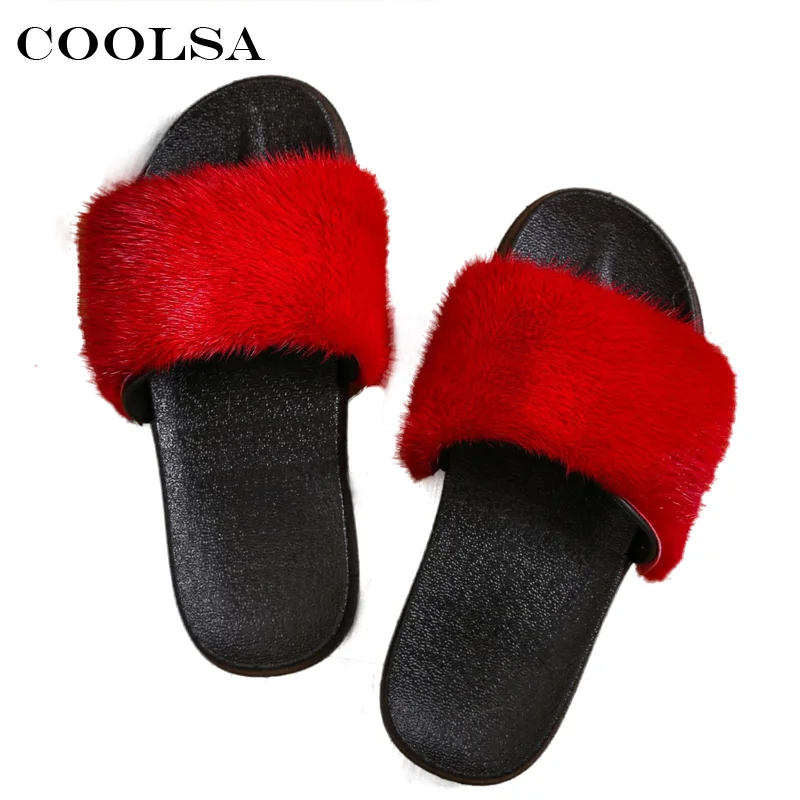 Coolsa/роскошные женские сандалии на натуральном норковом меху пушистые шлепанцы