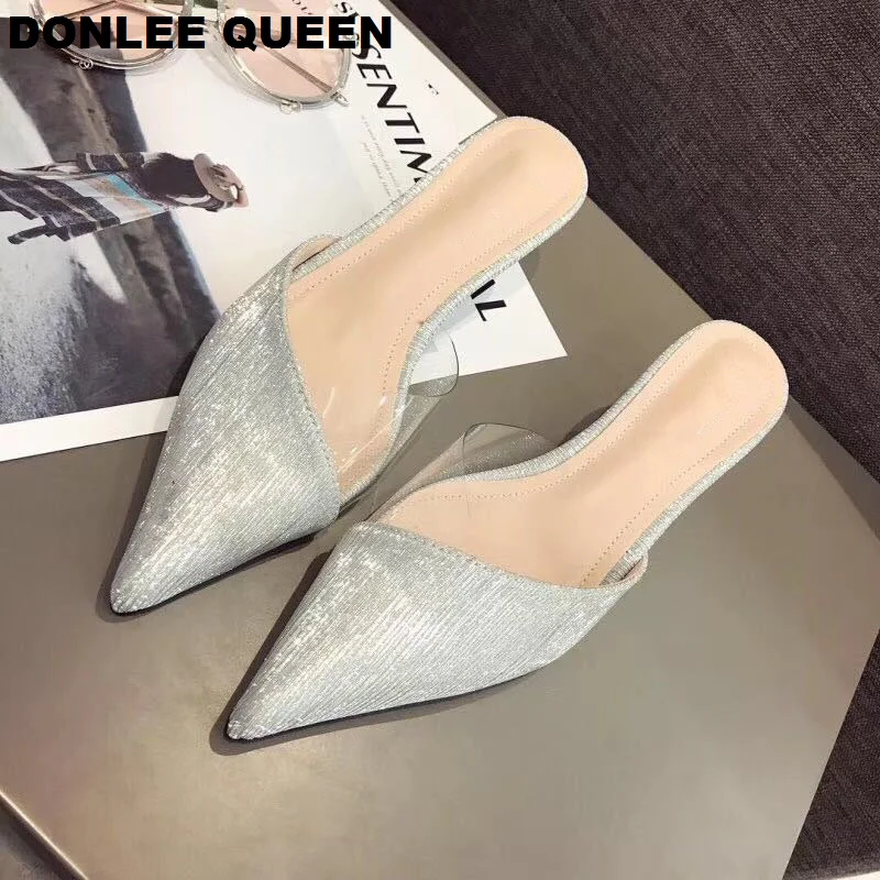 2019 Летняя обувь женские прозрачные шлепанцы с острым носком и блестками сандалии