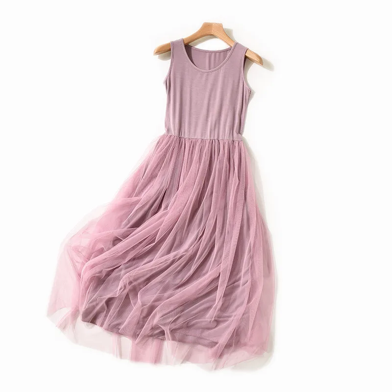 

Sanishroly Women Spaghetti Strap Lace Dress 2019 Summer Modal Patchwork Mesh Dresses Female Gauze Tank Long Dress Vestidos SE556