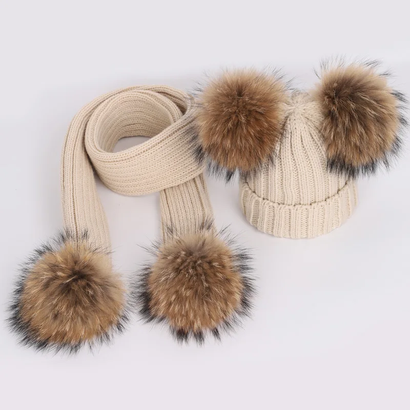 Beige1 Коллекция года, модная детская шапка из натурального меха енота, шапка с помпоном в горошек для мальчиков и девочек, костюм с толстым шарфом Спортивный зимний теплый лыжный комбинезон - Цвет: Beige1
