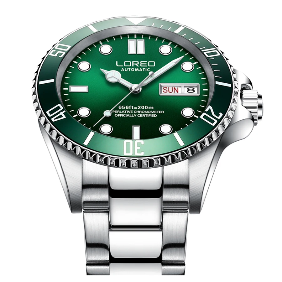 

LOREO 200M Waterproof Mechanical Watch Men 316L Stainless steel Double Calendar Green Watches Luminous Diving Automatic Watch