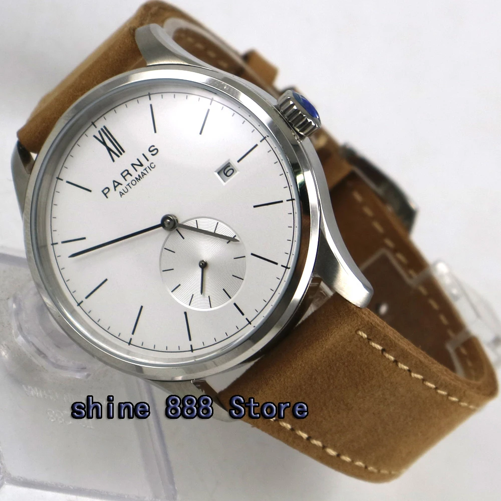 

42mm parnis white dial camel strap date ST1731 automatic mens watch