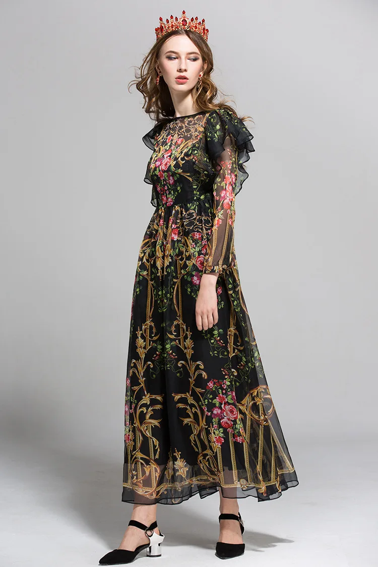 Женское подиумное цветочное вечернее платье с круглым воротником и длинным