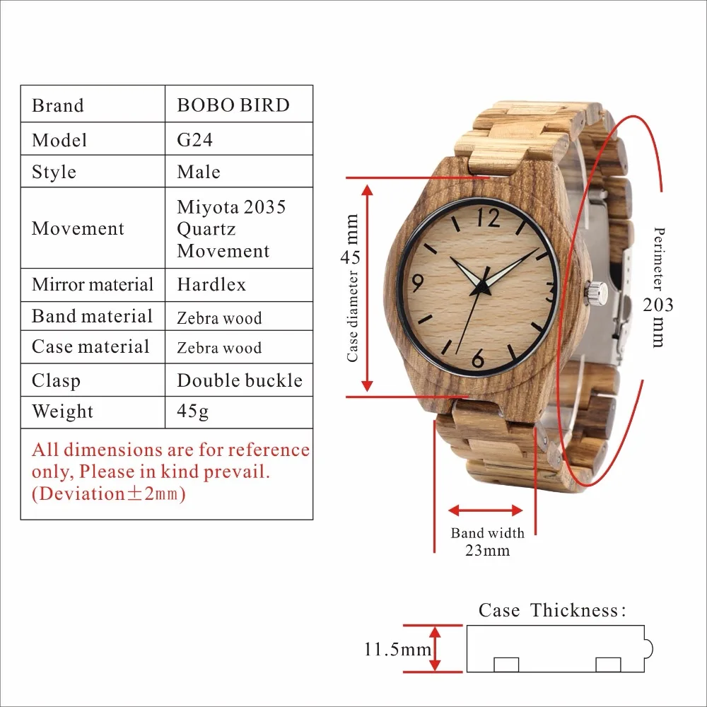 BOBO BIRD мужские Zebrawood деревянные часы с деревянным ремешком кварцевые аналоговые с качественным механизмом Miyota Tri-складная застежка