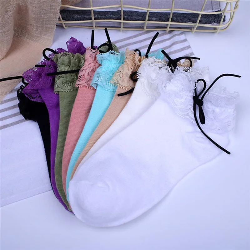 

1 Pair Bow Elastic Floral Short Socks For Woman Girl Sweet Retro Vintage Female Crystal Lace Bowknot Cotton