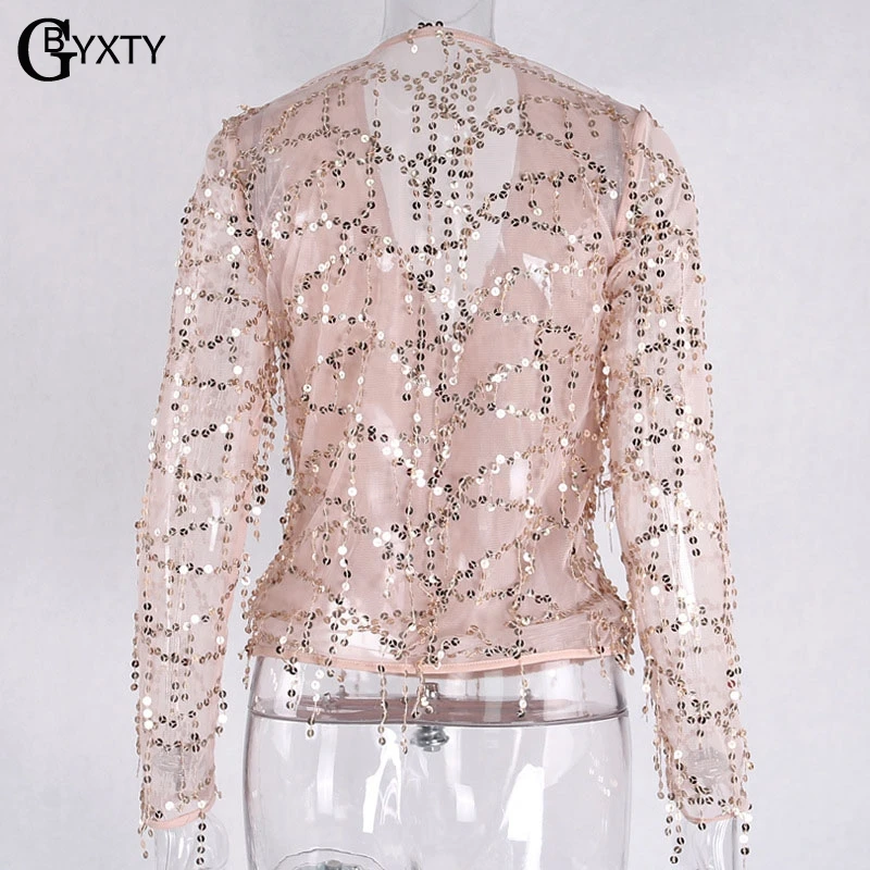 GBYXTY Back Transparente Blusa Элегантные Блестки блузка рубашка женские топы с длинным