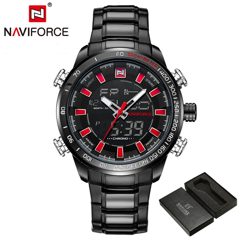 NAVIFORCE, мужские часы, цифровые, спортивные, мужские, s, наручные часы, лучший бренд, Роскошные, военные, из нержавеющей стали, аналог, светодиодный, кварцевые, мужские часы 9093 - Цвет: NA909303 with box