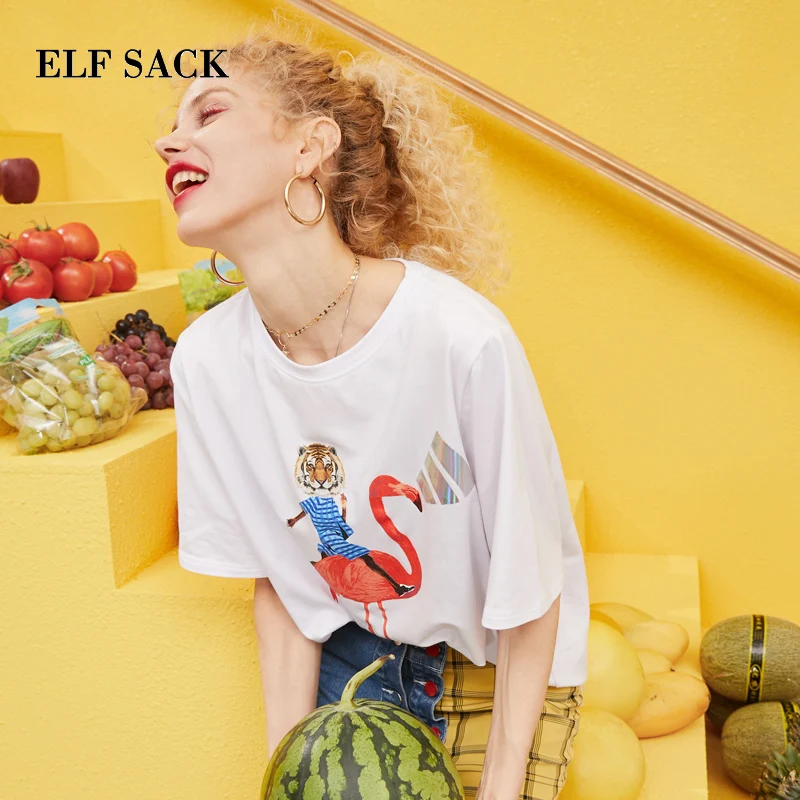 ELFSACK весна 2019 новинка большие размеры футболки для женщин хлопок на каждый день