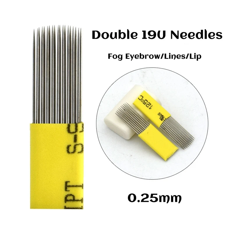 Double 19U Needles Двойные ряды мануального татуажа бровей Иглы 0,25 мм с плоским носком растушевки 9/15/17/19/21U ИГЛЫ Перманентный макияж бровей Иглы татуировки с вышивкой иглы для татуажа плоские иглы микроблейдинг - Габаритные размеры: Double 19U Needles