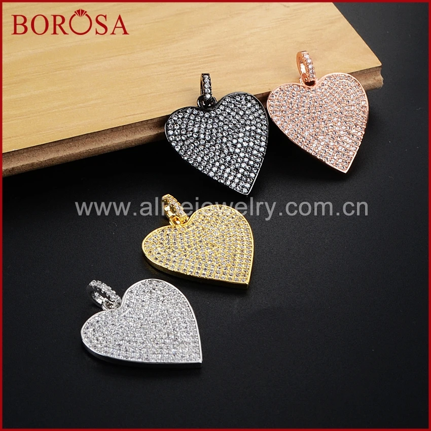

BOROSA Gold Black Rose Gold Silver Color Micro Pave White Zircons Heart Pendant,CZ Beads Spacer Pave Drusy Pendant WX321