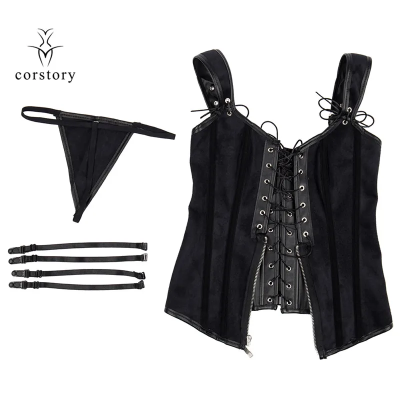 

Corstory Black Faux Leather Zipper Straps Overbust Waistcoat Corset Top Steampunk Women Sexy Bustier Cincher Corselet