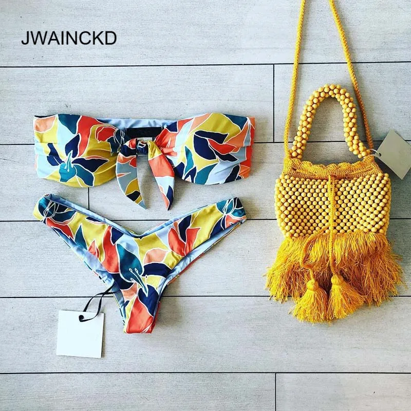 

JWAINCKD Bikini Set Front Knotted Padded Swimwear Women Off Shoulder Swimsuit Female Push Up Biquini 2019 Mujer Micro Swim Tanga