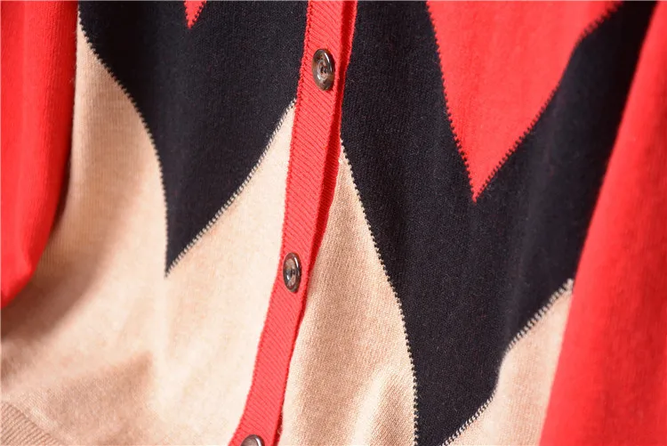 wool polyamide blend patchwork knit women England style contrast color Vneck single breasted cardigan sweater M-L |