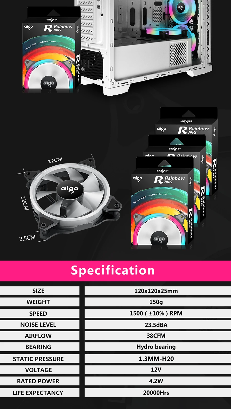 Aigo RGB 140 мм Корпус для ПК Вентилятор Кольцо "Аврора" Радужные вентиляторы компьютерный корпус охлаждающий бесшумный светодиодный вентилятор игровые шасси радиаторы cpu кулер