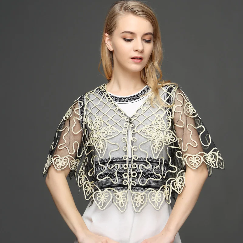 

Vintage 1920s Gatsby Women's Cardigan Coat Half Flare Sleeve V-Neck Embroidery Floral Grid Lace Cardigan Short Cape Shawl