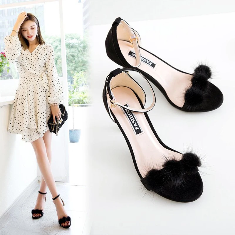 Меховые тапочки с помпоном женские босоножки на тонком высоком каблуке Дамская