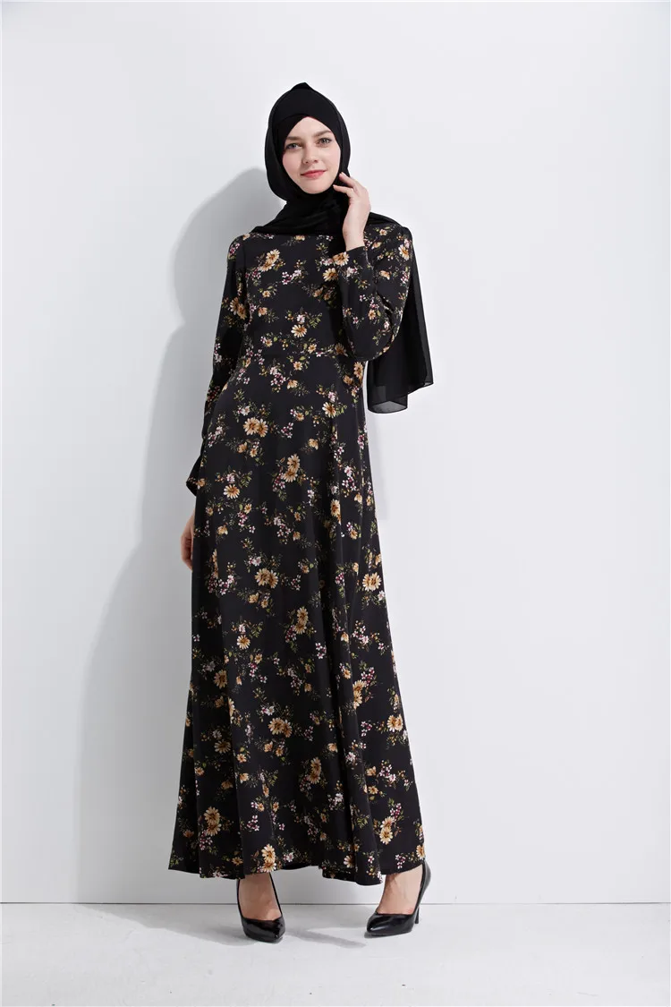 Женское мусульманское платье с цветочным принтом Abaya черное элегантное Кафтан из