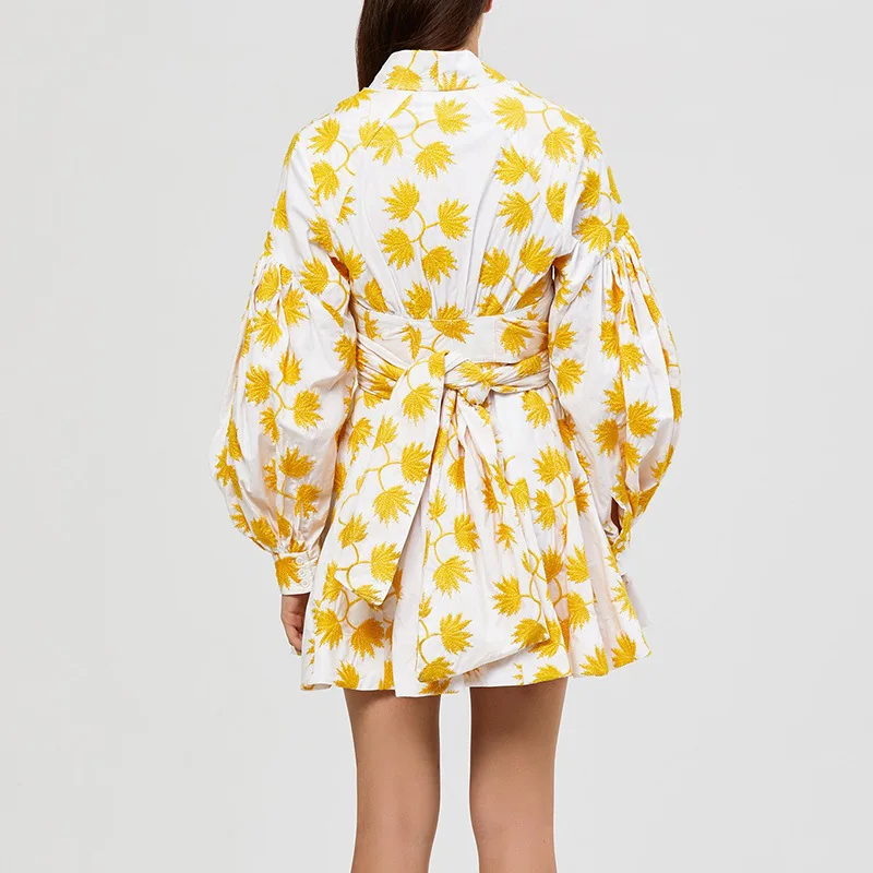 

Australia lantern-sleeve bow lace-up printed A-line dress elegant lady dress casual female sundress Plus-sized dress beach dress