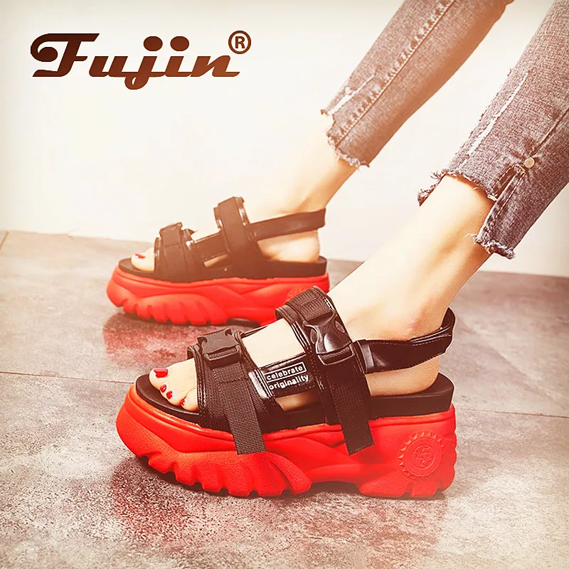 Женские сандалии на танкетке Fujin повседневные пляжные в римском стиле толстой