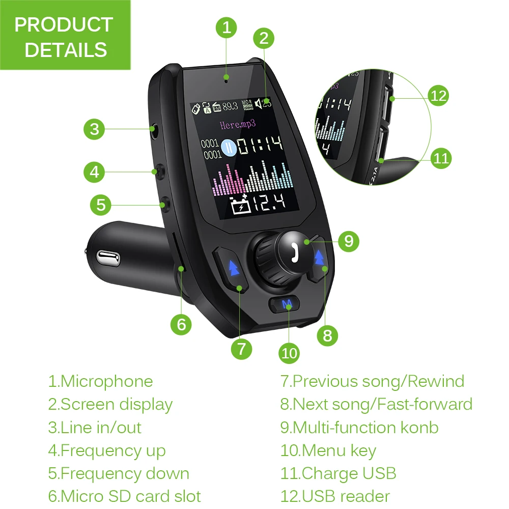 

Bluetooth 5.0 Car FM Transmitter Modulator 1.8 inch handsfree MP3 Music player 2 USB Port AUX Port Car Charger Adapter