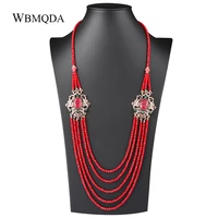 luxury natural stone red crystal beads strand tassel necklace for women antique gold unique vintage wedding jewelry