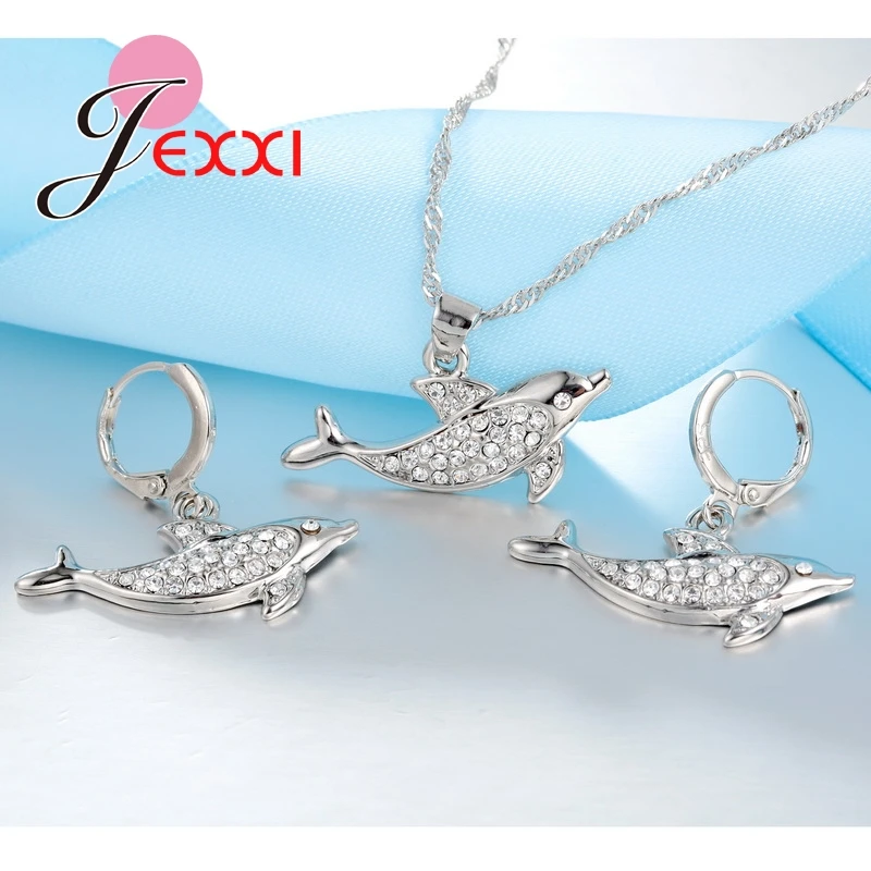Female Best Gifts Cute 925 Sterling Silver CZ Crystal Stone Dolphin Earring Necklace Sets Women Girl Party Accessories | Украшения и