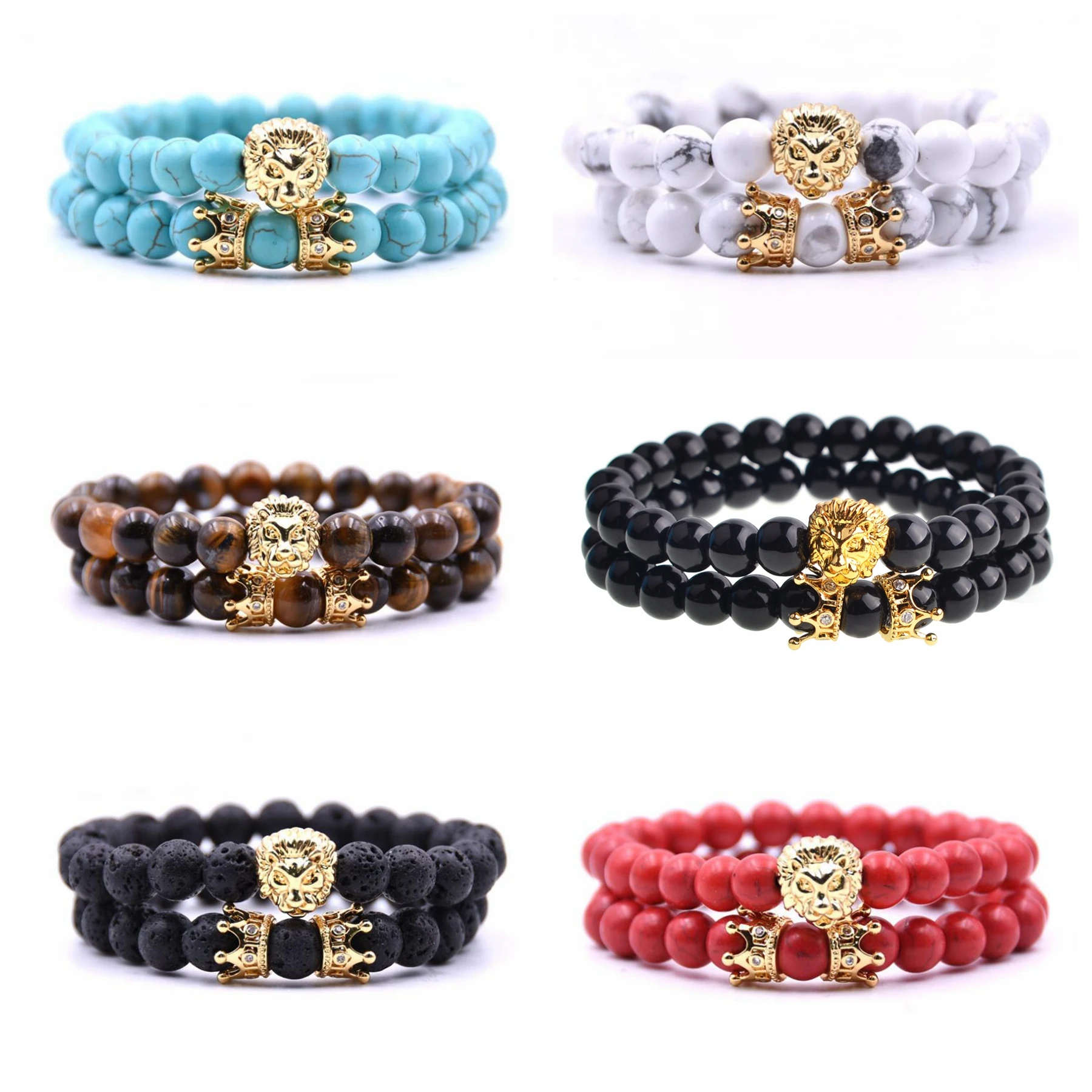 

Fashion Natural Stone Beads Lion Head Crown Bracelets for Women 2pcs/set tiger eye howlite black onyx lava stone etc