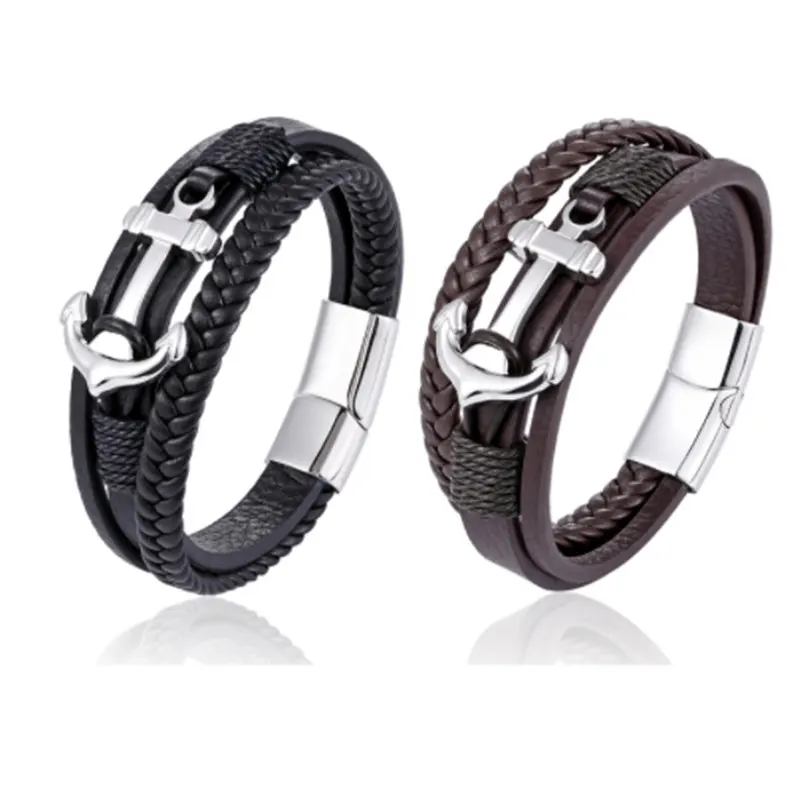 2018 панк якорь браслет для Для мужчин Jewelry Многоэтажный кожа ряд переплетенных