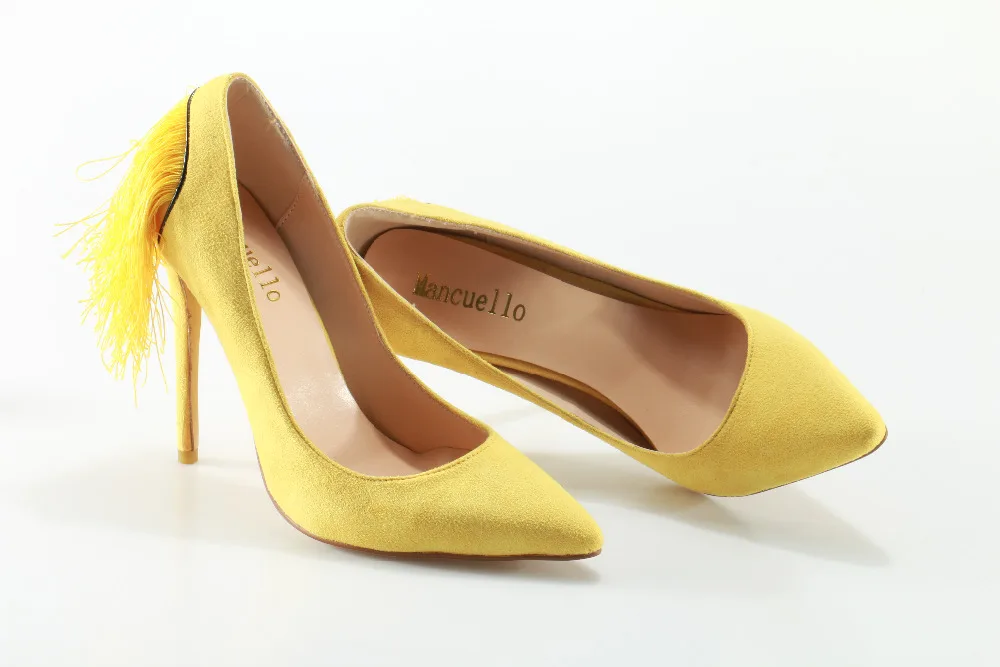 Mancuello/желтый кисточки высокая женская обувь на каблуках Туфли каблуке с бахромой