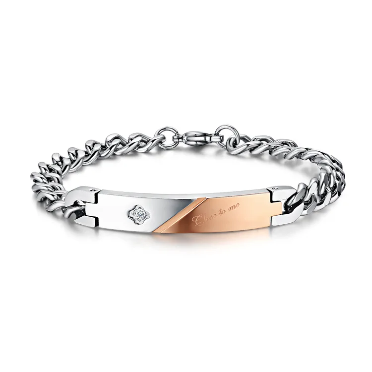 316L Stainless Steel Couple Bracelets For Men And Women Wholesale Love's Rose Gold&ampBlack Bracelet With Shiny CZ Stone 1 PCS |