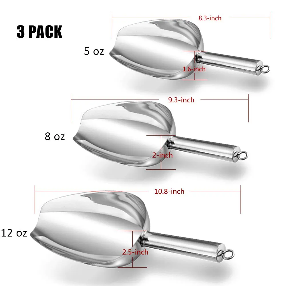 WGT Ice Scoop Set of 3 Stainless Steel Utility Scoops for Dry Food Candy Coffee Bean Flour Cereal Popcorn Mirror Finish | Дом и сад