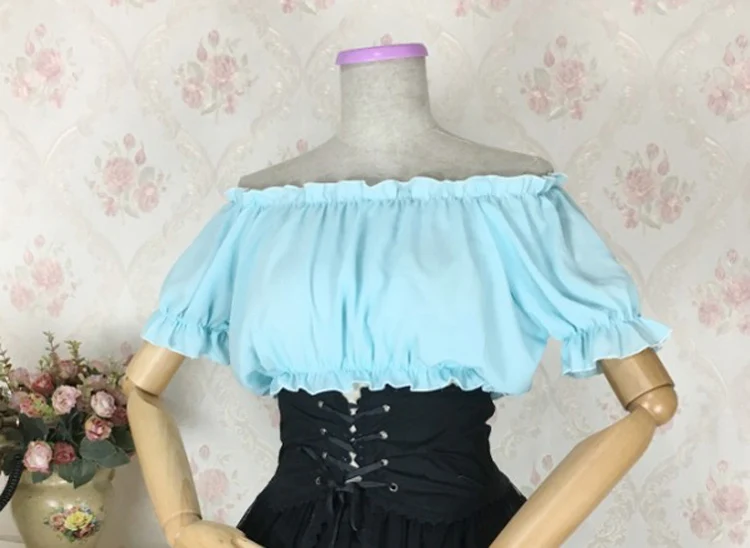 5 цветов летние женские повседневные короткие рубашки винтажные викторианские шифоновые блузки женские рубашки Лолита Топы - Цвет: Небесно-голубой