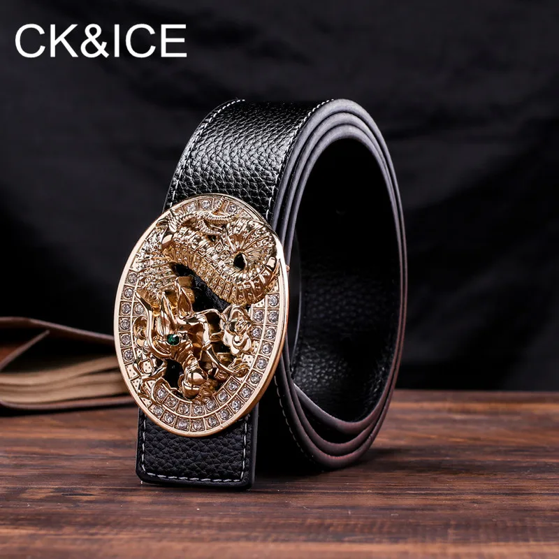 CK&ampICE Casual belt men women fancy vintage Chinese Dragon Cowskin Waistband smooth button Waist Strap luxury genuine leather |