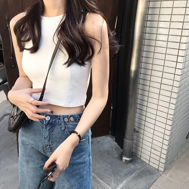 Chic Cropped Tank Top Women Sleeveless Knitted Tops Summer White Black | Женская одежда