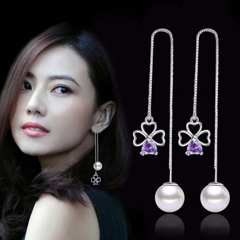 

100% 925 sterling silver fashion purple crystal pearl ladies`long stud earrings jewelry women birthday gift cheap