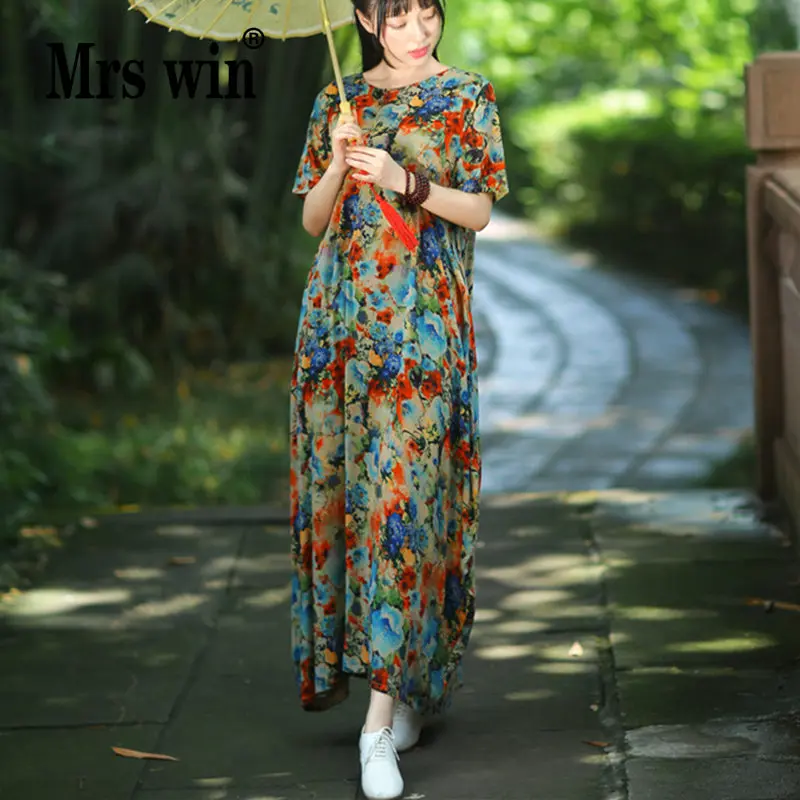 Women's Loose Casual Soft Cotton Plus Size Bat-sleeve Vintage Floral Print Bohemian Long Robe Dresses | Женская одежда