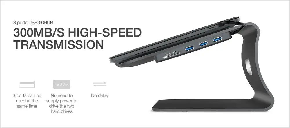 Ноутбук стенд-Bestand Алюминий охлаждения ноутбука стоят настроить 3 USB3.0 порты SD/TF карты 5 портов