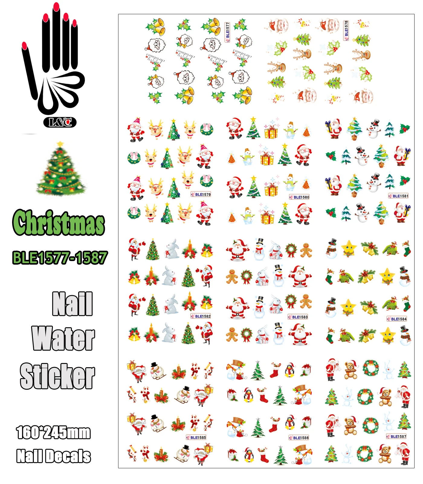 

11 Sheets/Lot Nail Xmas BLE1577-1587 Christmas Nail Art Water Sticker Decals for Nail Art Beauty(11 DESIGNS IN 1)