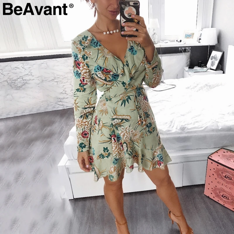 Женское платье с оборками BeAvant сексуальное мини v образным вырезом летнее длинным