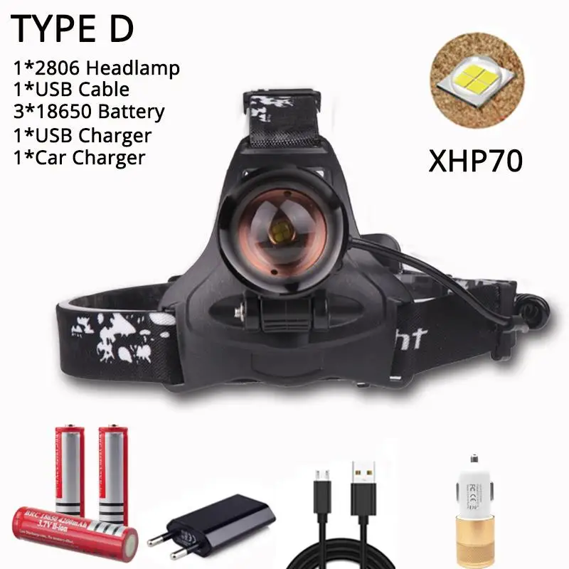 D 7000лм xhp70.2 супер яркий светодиодный налобный фонарь, перезаряжаемый через usb, Головной фонарь xhp70, фонарь 3*18650 с батареей, для рыбалки, кемпинга - Испускаемый цвет: D