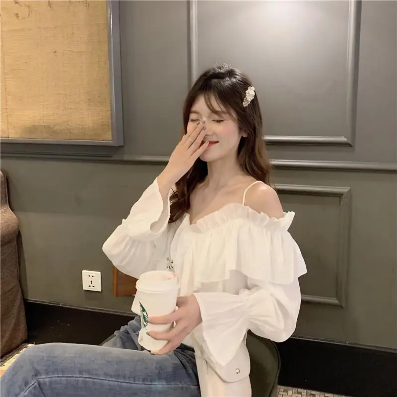 Yfashion Summer Girl Shirts Flounce Off Shoulder blouse women Fashion lady pullover Halter long sleeve V-neck Shirt blouses fema |