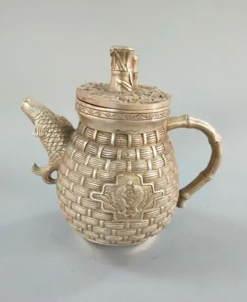 

Китайский чайник из чистой белой меди с двумя рыбками статуя ремесла