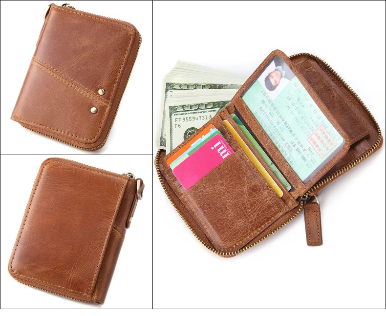 Meesii Genuine Leather Short Men Wallet Vintage Cow Leather Small Wallet Male Photo&Card holder Purse Coin pocket Zipper